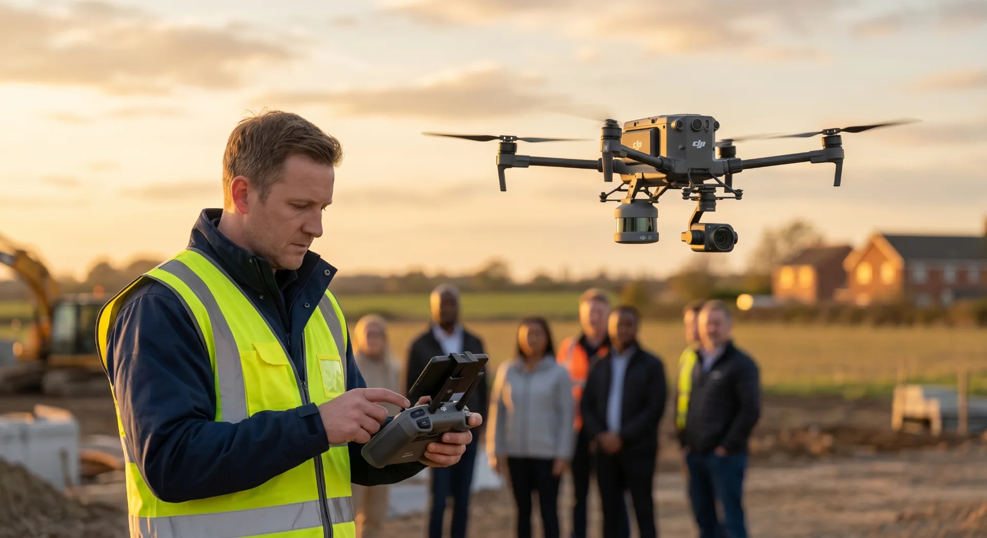 Piloto de ZEALOT operando un dron DJI con carga LiDAR mientras el equipo de un cliente observa al atardecer