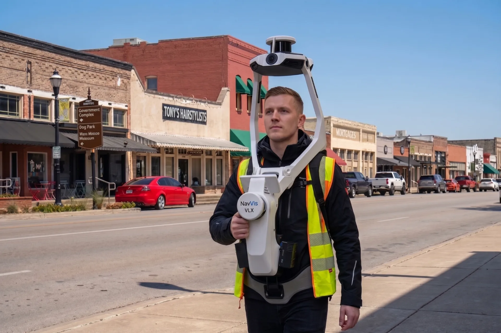 Técnico de ZEALOT caminando por una calle del centro con un escáner LiDAR móvil NavVis VLX3