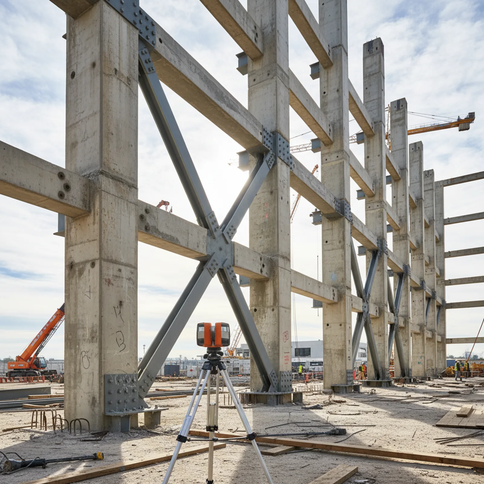 A structural steel BIM model overlaid on a point cloud, showing member sizes and connections clearly defined.