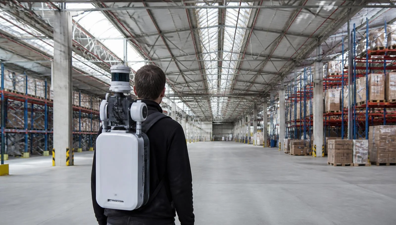 Laser scanner set up in a large industrial facility with visible structural steel and overhead piping