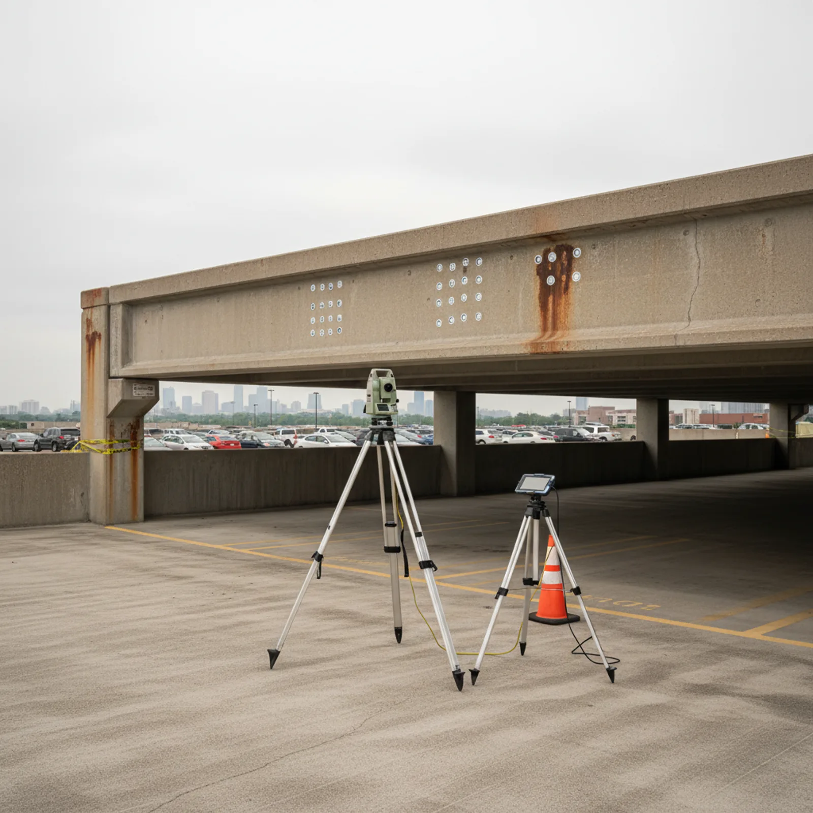 A colorized point cloud showing deformation analysis between two scan epochs on a concrete structure.