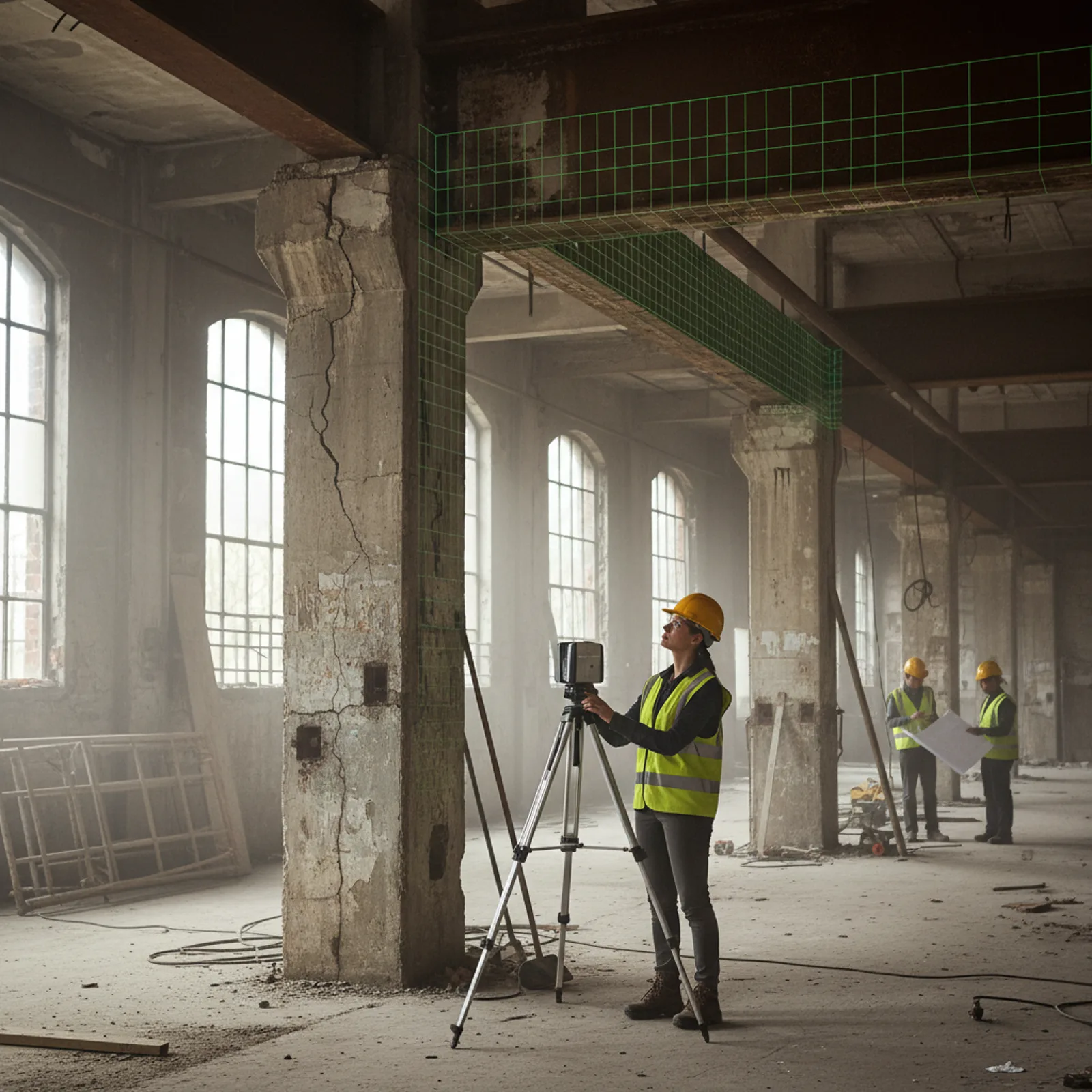Engineers reviewing a point cloud model of an industrial facility on a computer screen.