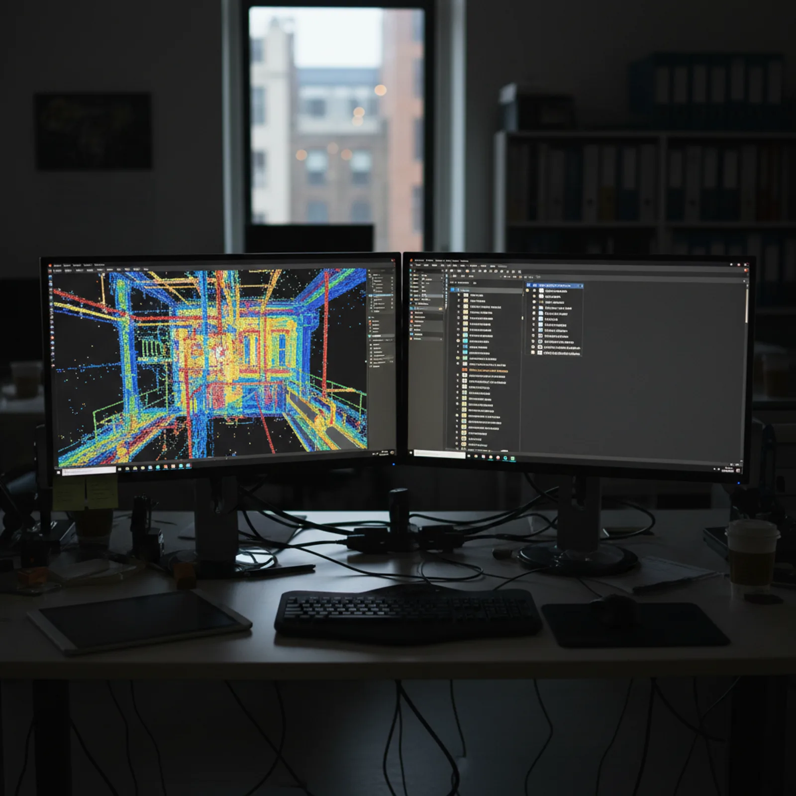 A point cloud of a complex industrial facility displayed in software, showing millions of colored data points forming the structure.