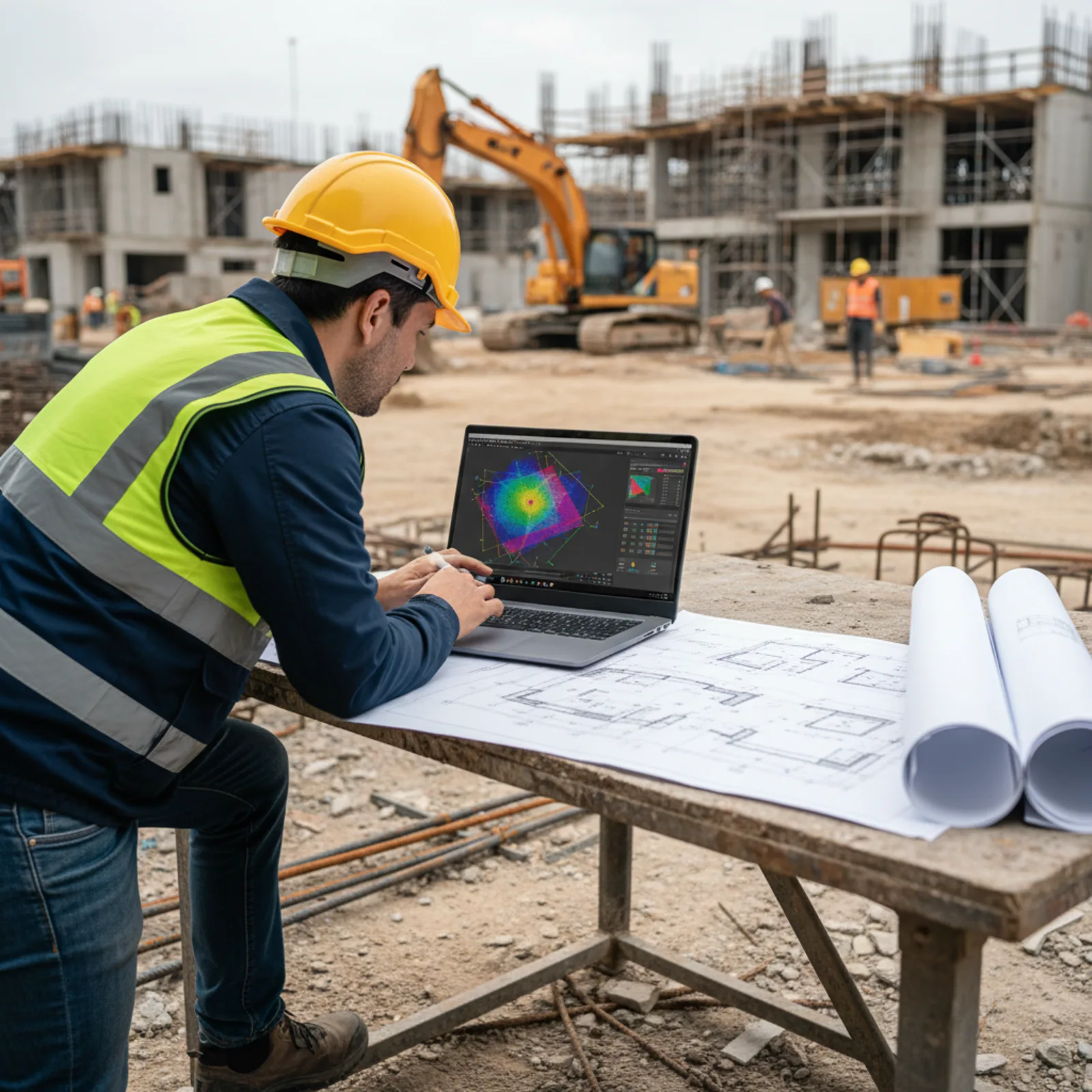 An architect inspecting a point cloud on a monitor with a checklist.