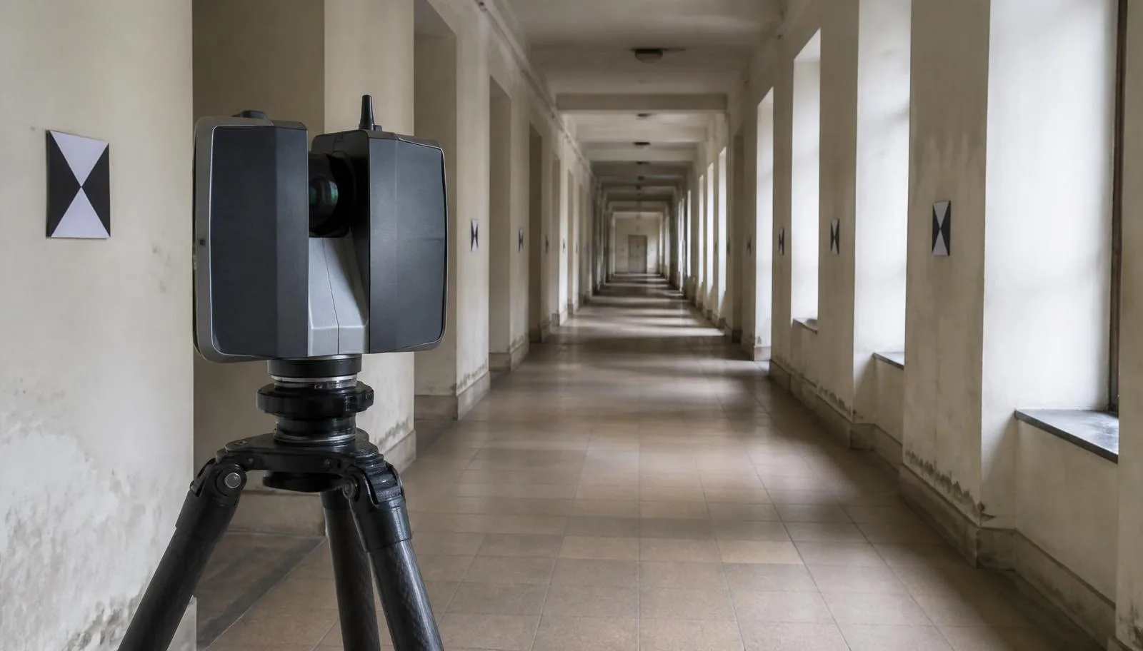 Point cloud registration workflow showing aligned scan stations in a building interior